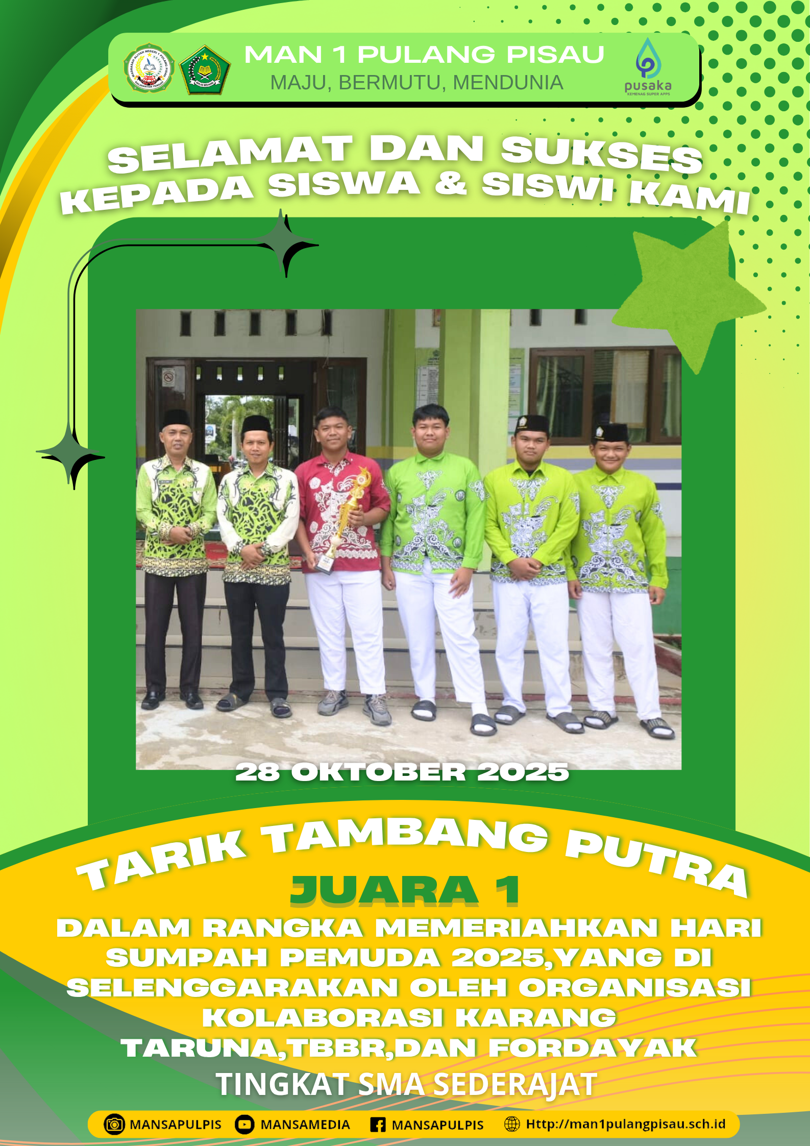 SISWA MAN 1 PULANG PISAU PLUS KETERAMPILAN BERHASIL MERAIH JUARA DALAM LOMBA TARIK TAMBANG TINGKAT KABUPATEN PULANG PISAU TAHUN 2025